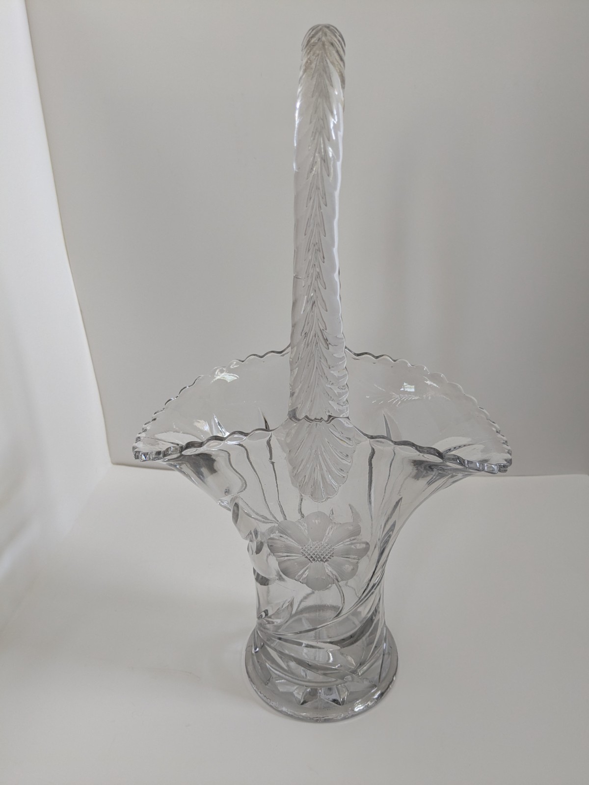 Cut Glass Large 16″ Flower Bouquet Clear Basket Vase Floral Etched Pattern