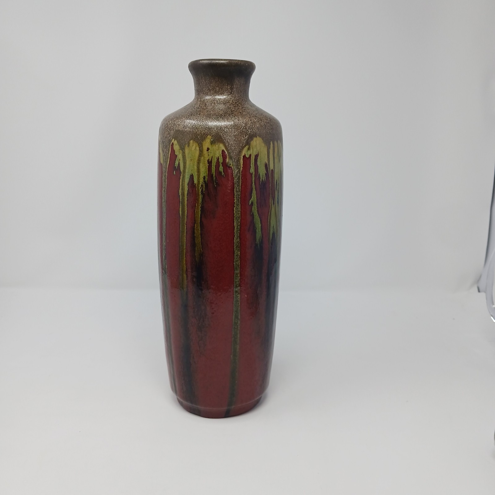 FRENCH ART DECO INSPIRED DRIP GLAZED STONEWARE VASE SIGNED, 12 IN