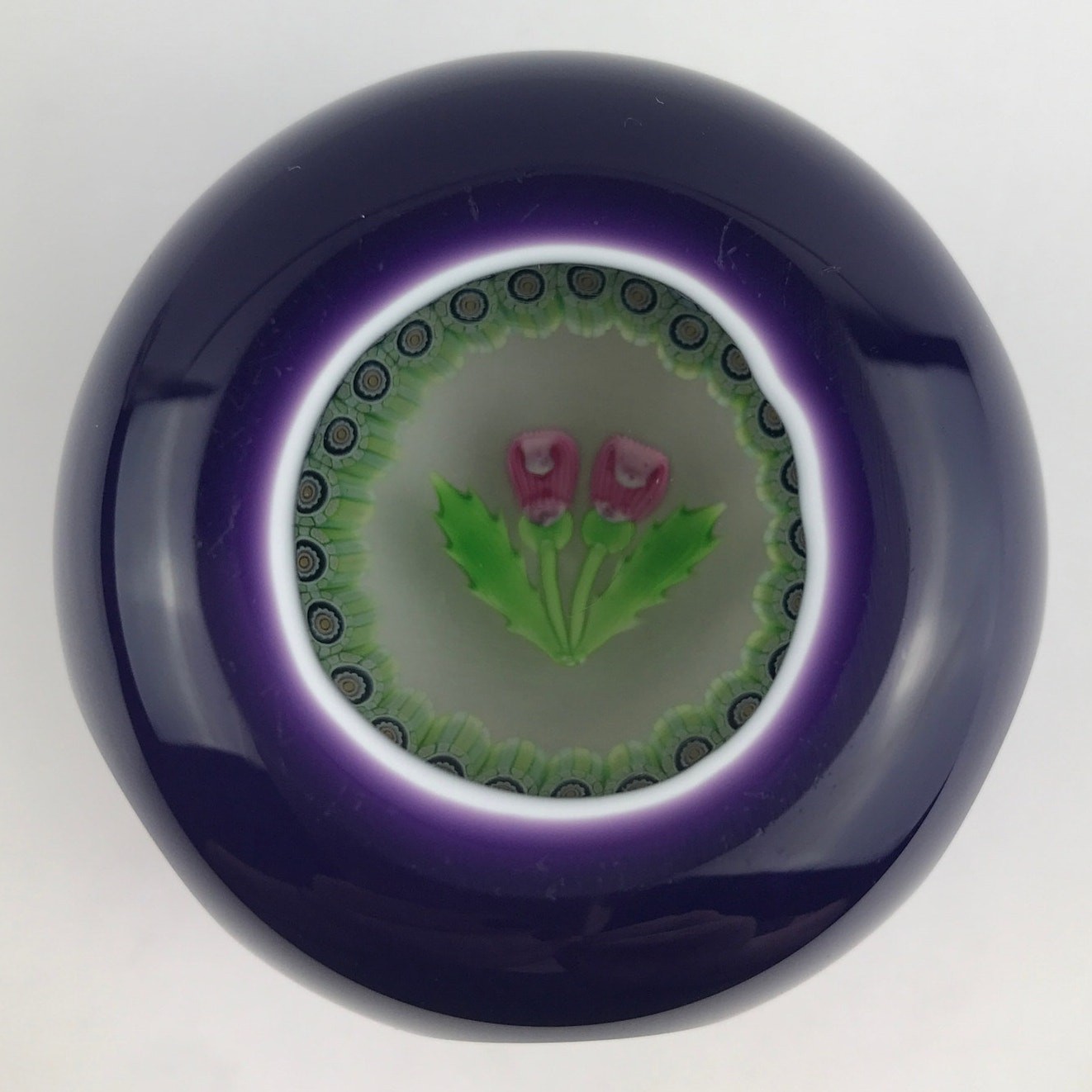 Perthshire 1988C Double Overlay Scottish Thistle Millefiori Amethyst Paperweight