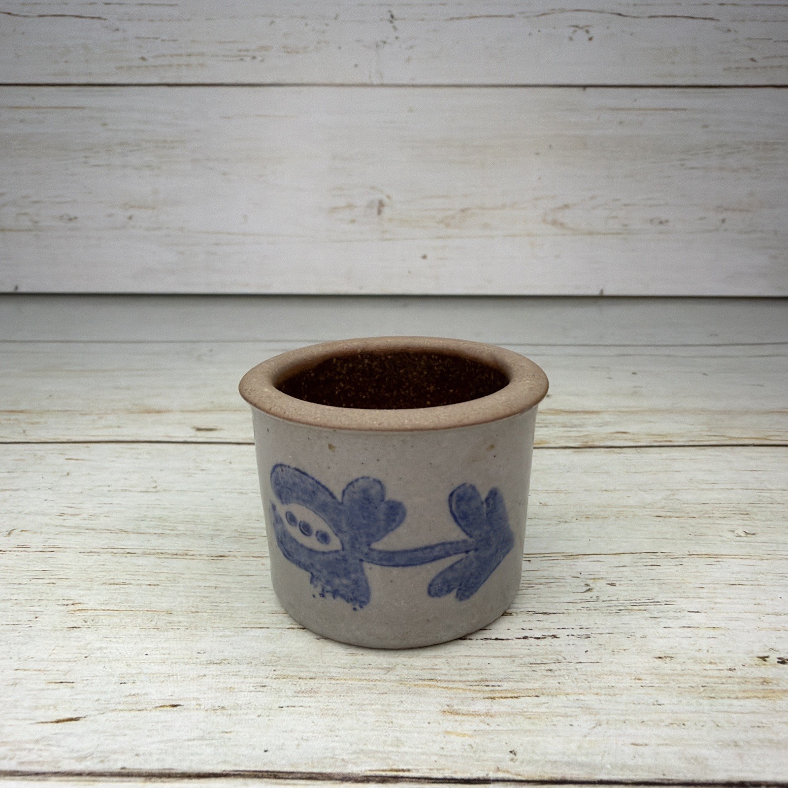 Vintage Miniature Cobalt Blue Salt Glazed Pottery Crock Flower Mini Pot 1-5/16”