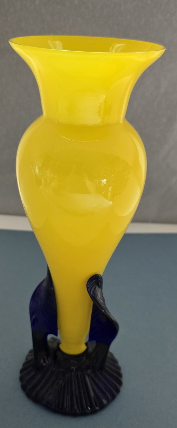 Czech Art Glass Vase Yellow w/ Blue Applied Wings 10.25″ Czecho‑Slovakia Stamp