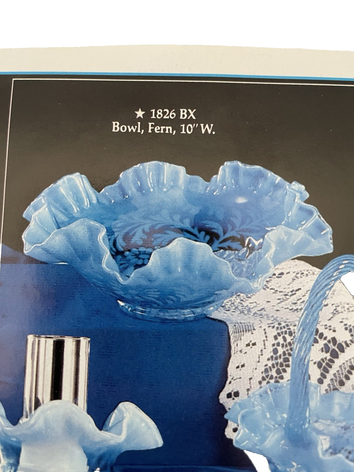 SAPPHIRE BLUE OPALESCENT 3 PIECE SET BOWL BRIDES BASKET, CRUET, BASKET