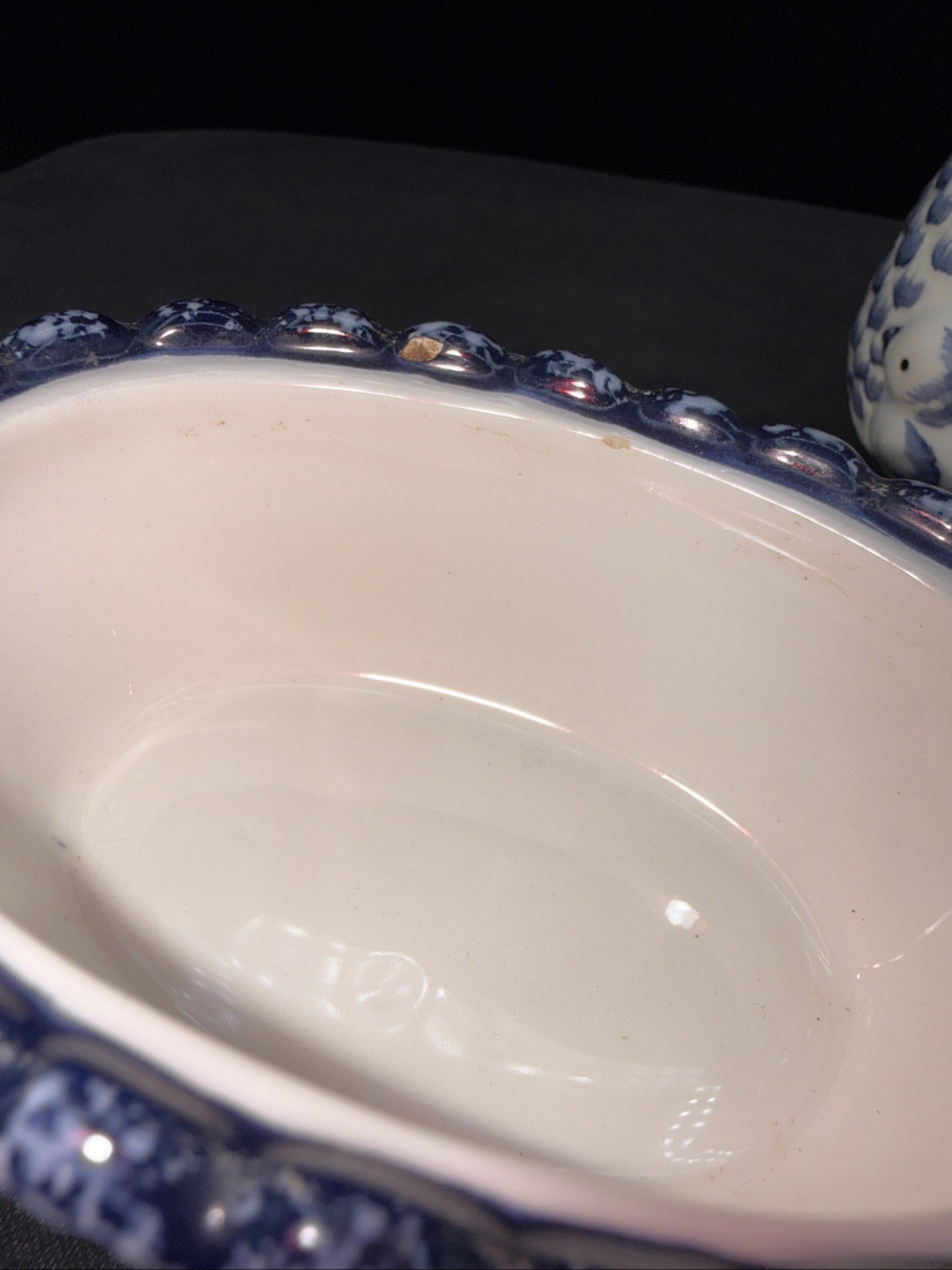 Hen on Nest Momma & Chick Ceramic Blue & White Small Trinket Dish 4in Vintage