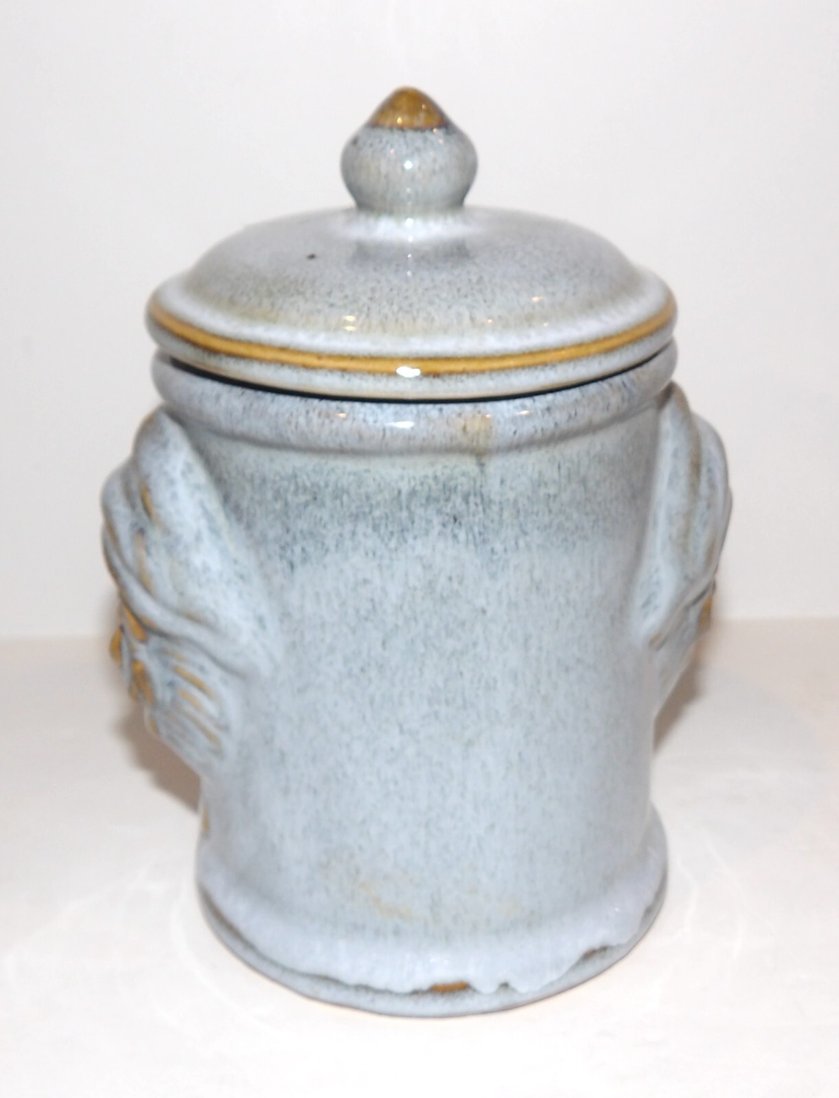 LOVELY VINTAGE RARE BOMBAY COMPANY GLAZED POTTERY TWO FACED 6 1/4″ CANISTER JAR