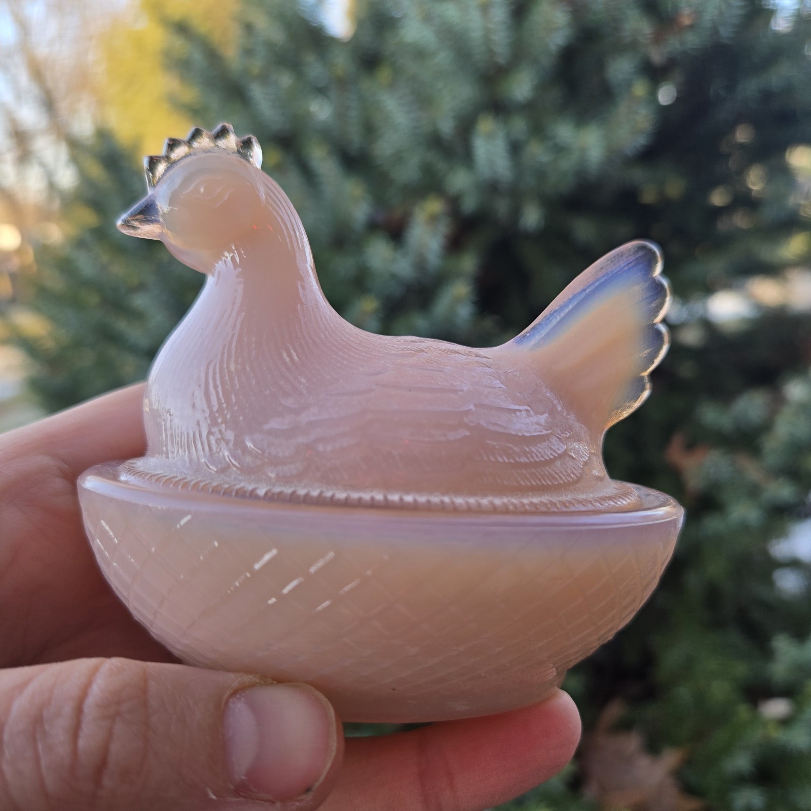 Vintage Degenhart Opal Pink Hen On Nest Chicken Glass Trinket Dish Retro
