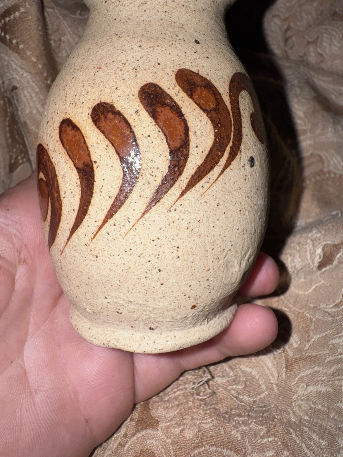 Mexico Hand-Painted Art Pottery Face Vase Abstract Glossy Beige Blue Brown