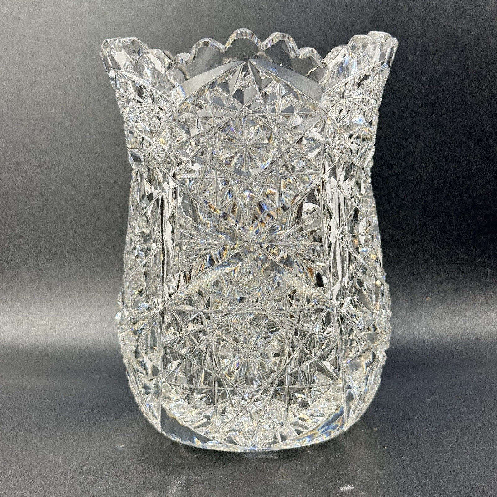 American Brilliant Period Antique Sawtooth Rim Star Hobnail Crystal Vase 4.5”