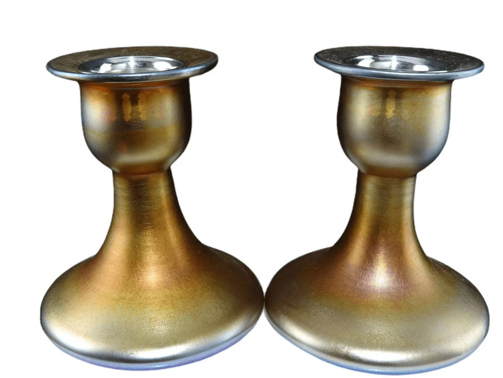 c1930 Steuben Gold Aurene Candle holders with Sterling Silver Bobeches