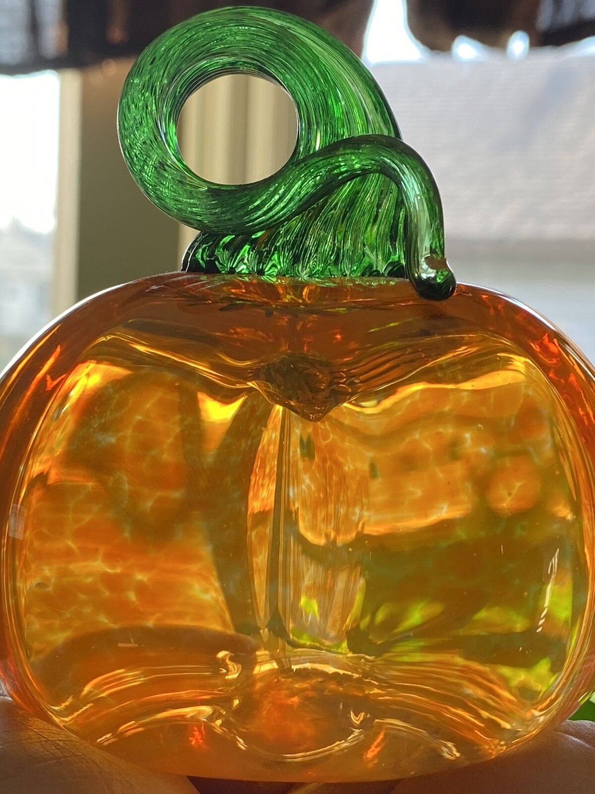 Hand Blown Art Glass Pumpkin Artist Signed Twisted Stem 4” Tall Orange Green