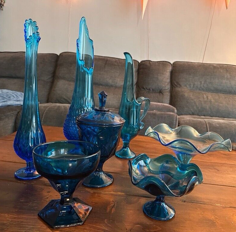 1960’s Vintage Le Smith Peacock Blue Hand Swung Ewer 16″ TALL VASE PITCHER MCM