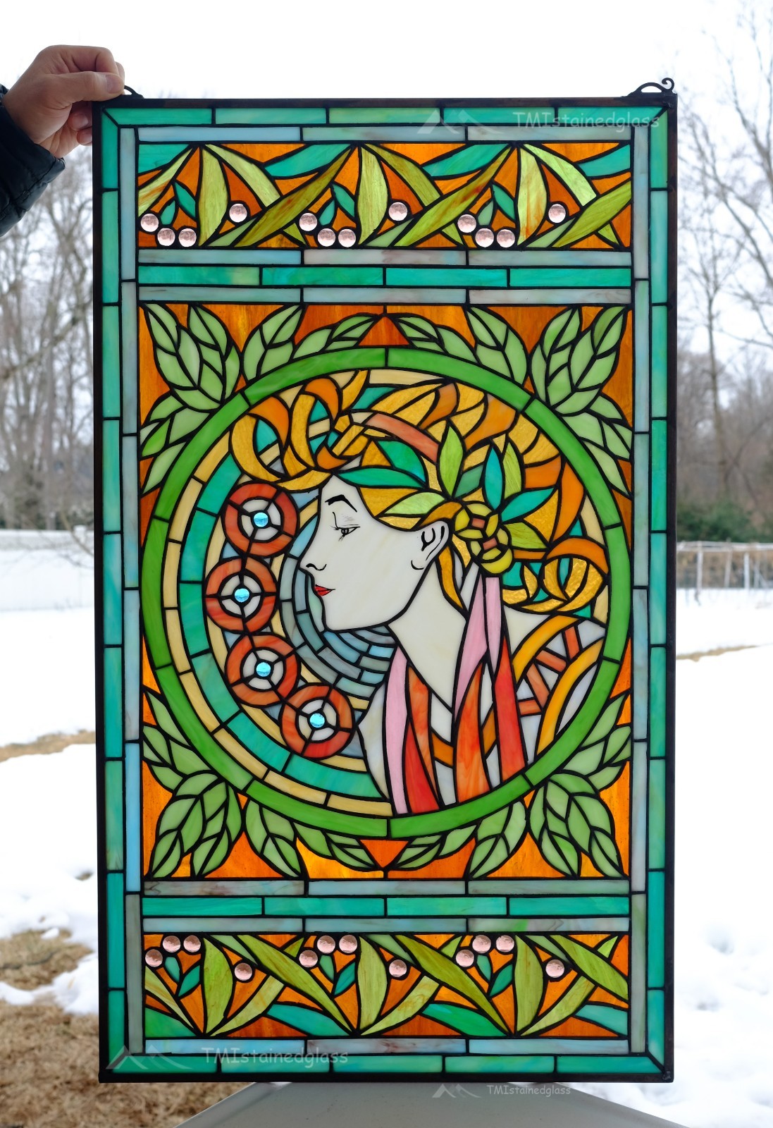 20″ x 34″ Alphonse Mucha Art. Stained Glass Window Panel Art Nouveau lady HF216