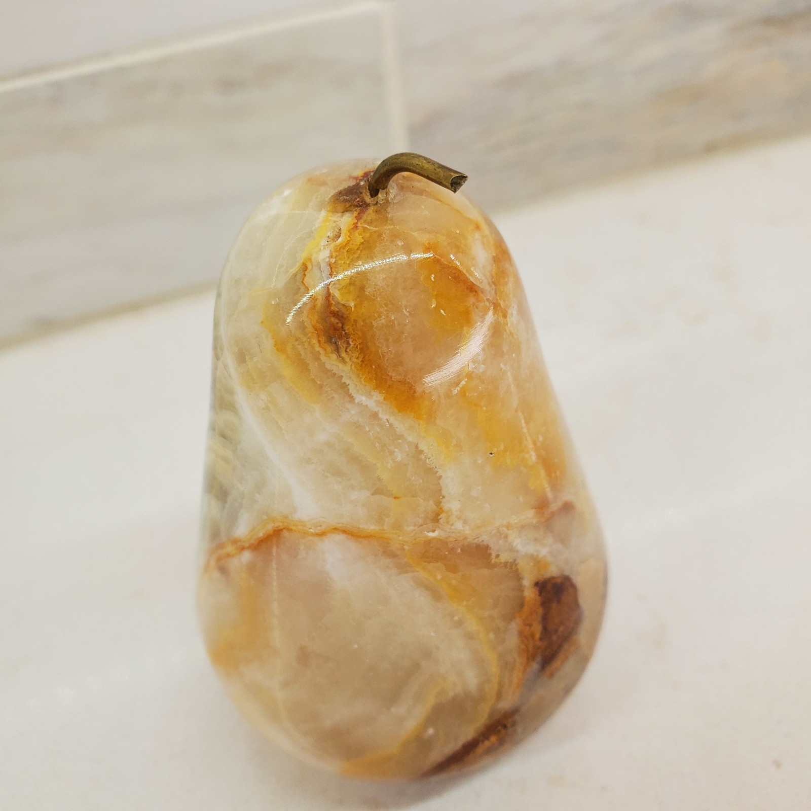 Onyx Pear Paperweight Sculpture Polished Stone Metal Stem Pakistan Tag Bottom