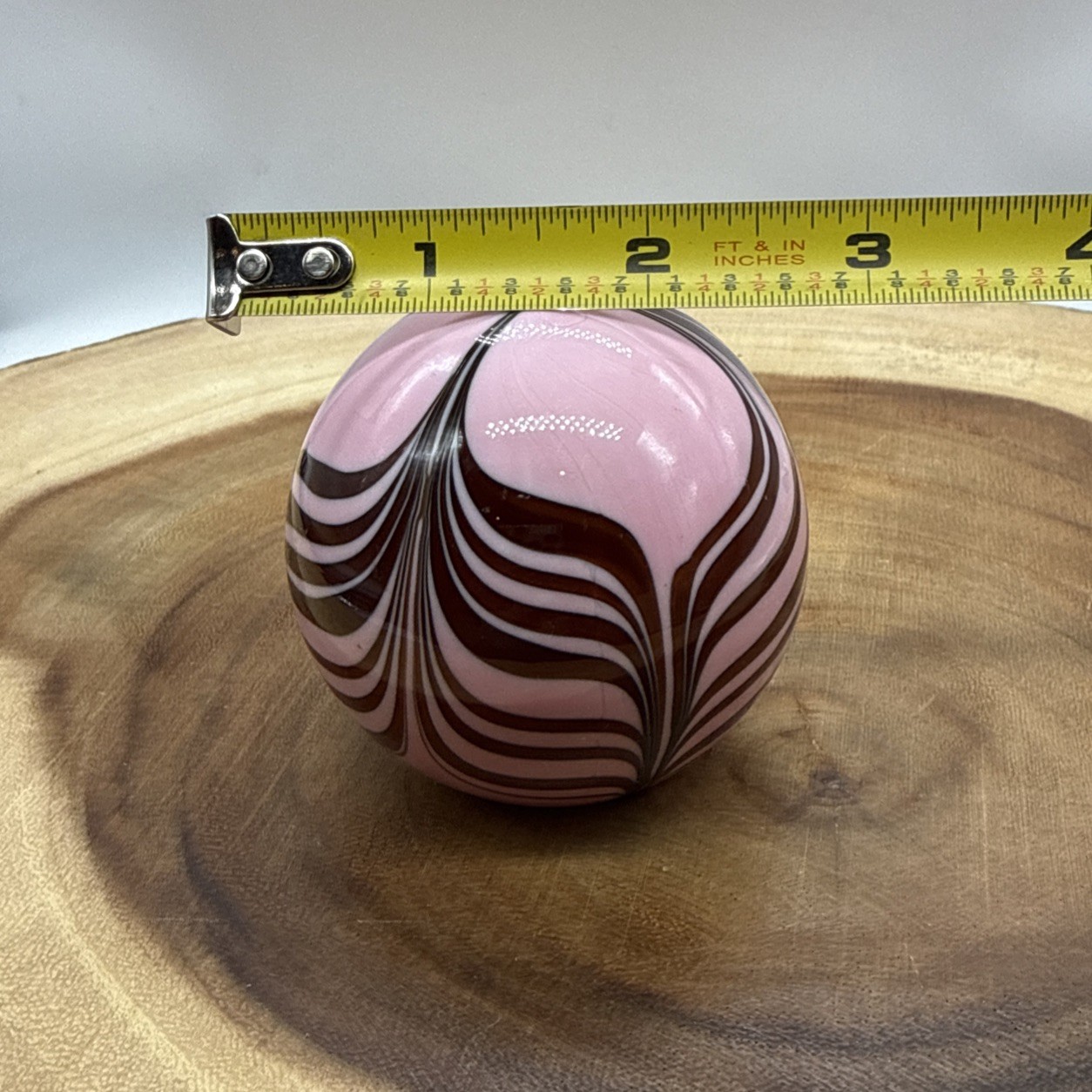 Vintage Cased Glass Pink & Maroon Art Glass Paperweight Pulled Feather Design