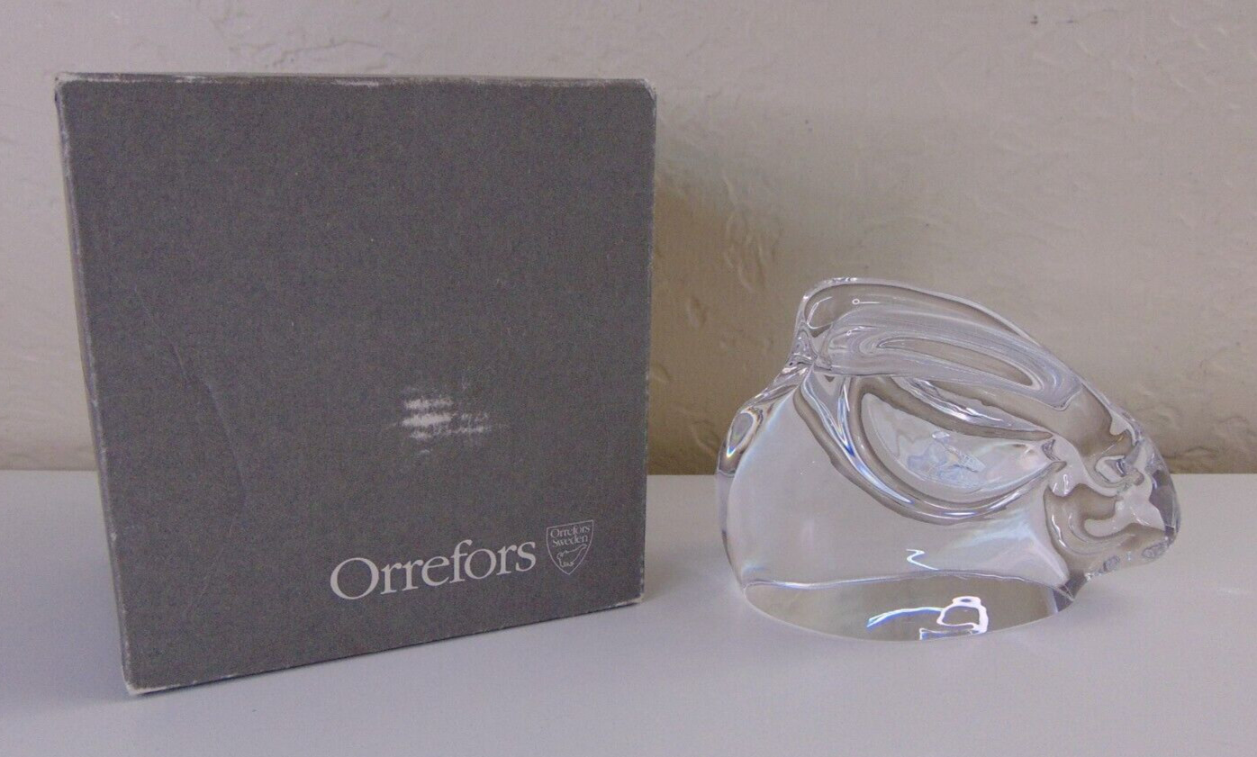 Orrefors Sweden Signed Glass Crystal Bunny Rabbit Figurine Paperweight 4″ x 3″