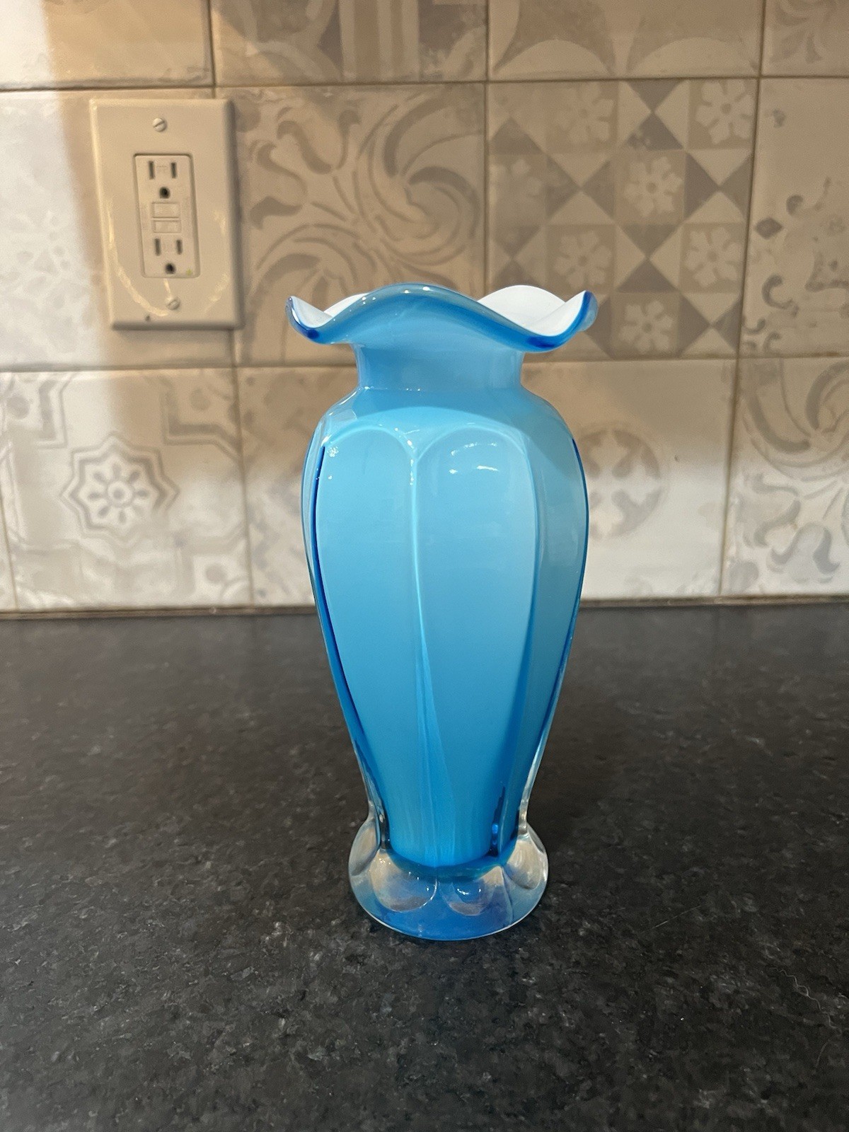 FENTON? BLUE RUFFLE TOP WHITE INLAY 8″ VASE