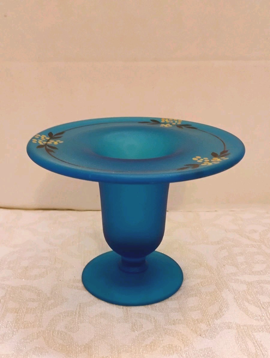 Vintage Westmoreland Blue Satin Hand Painted Daisies Compote/Candleholder