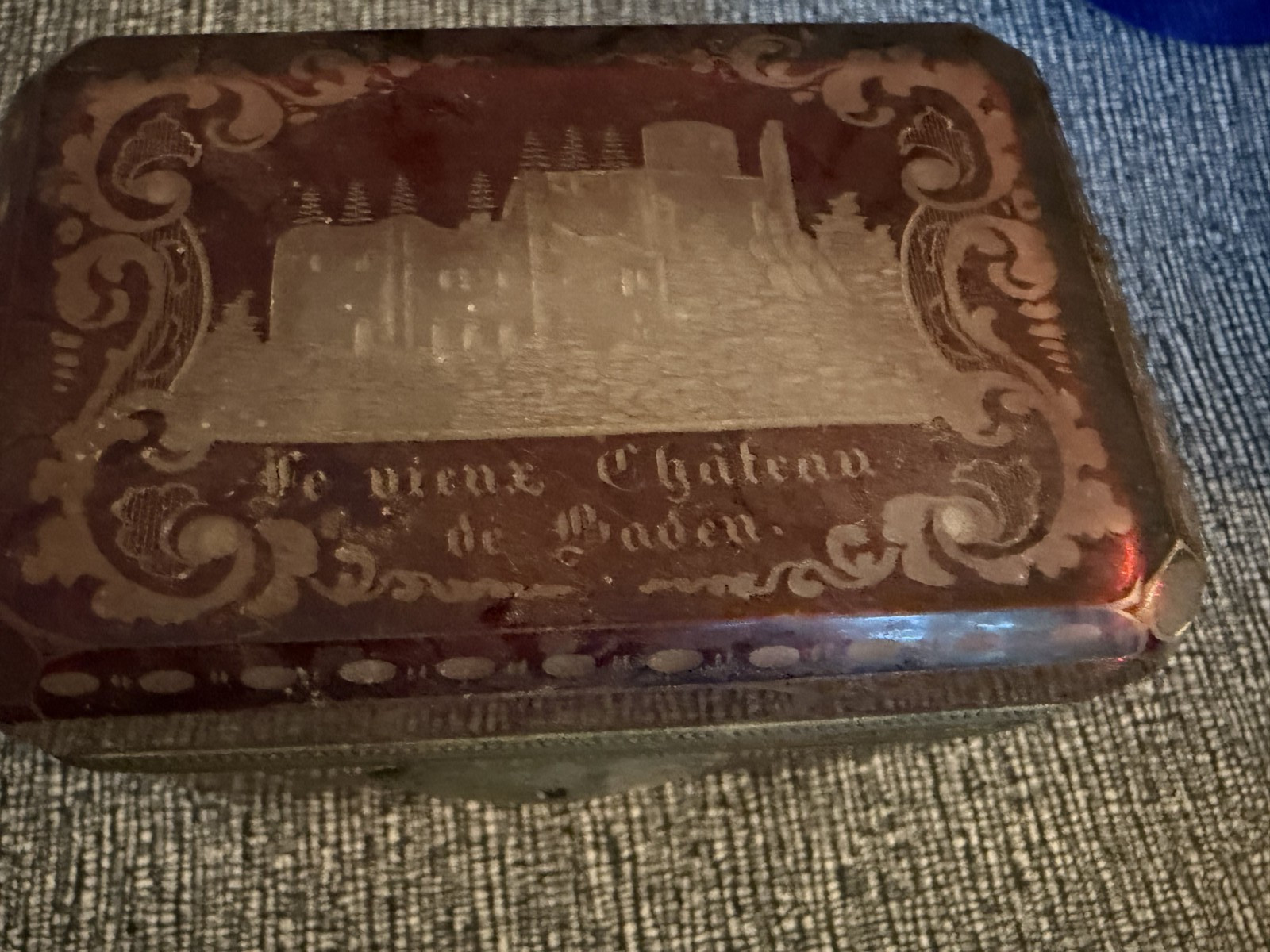 Stunning Antique Bohemian Ruby Cut to Clear Etched Glass Dresser Box