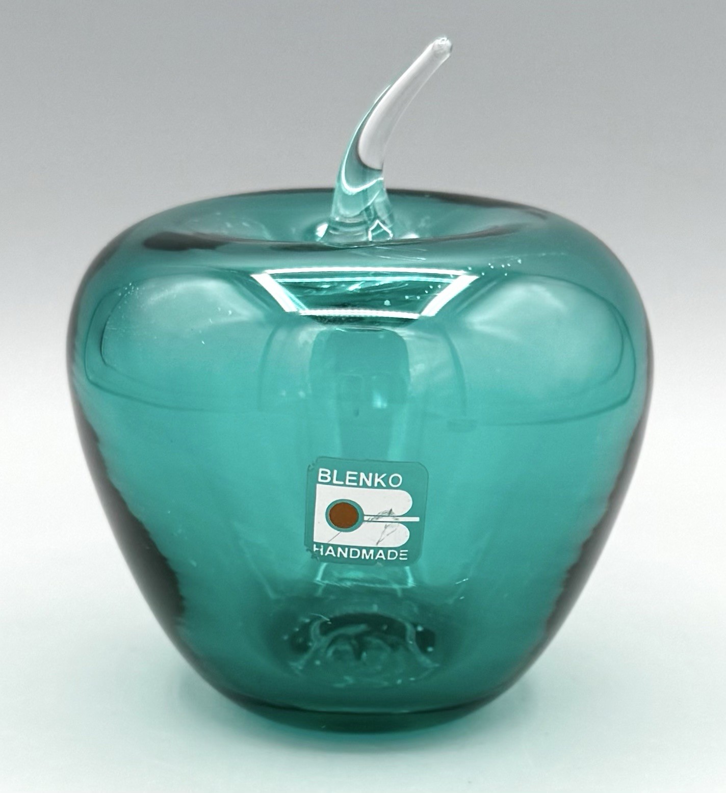 Vintage Blenko Teal Blue Glass Apple Hand Blown Paperweight Fruit