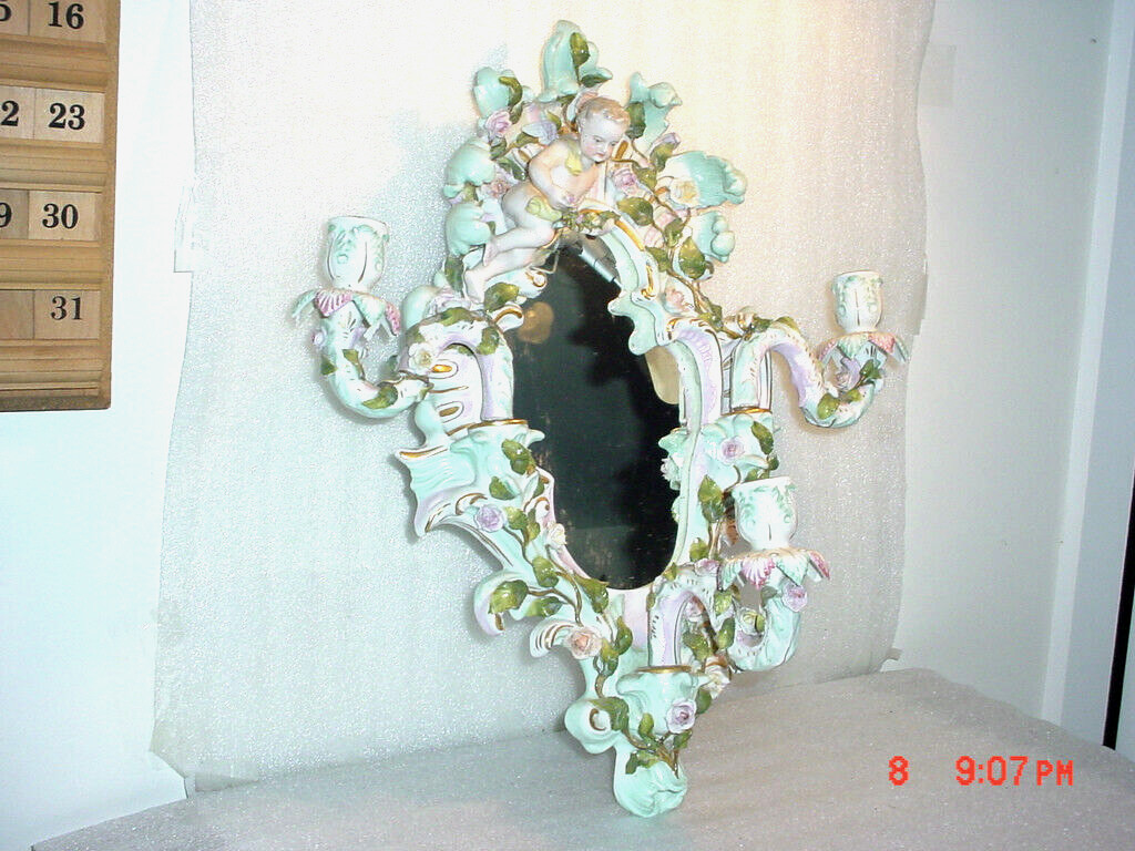 Antique Rococo Majolica Mirrored Triple Sconce Mirror Cherubs German Sitzendorf?