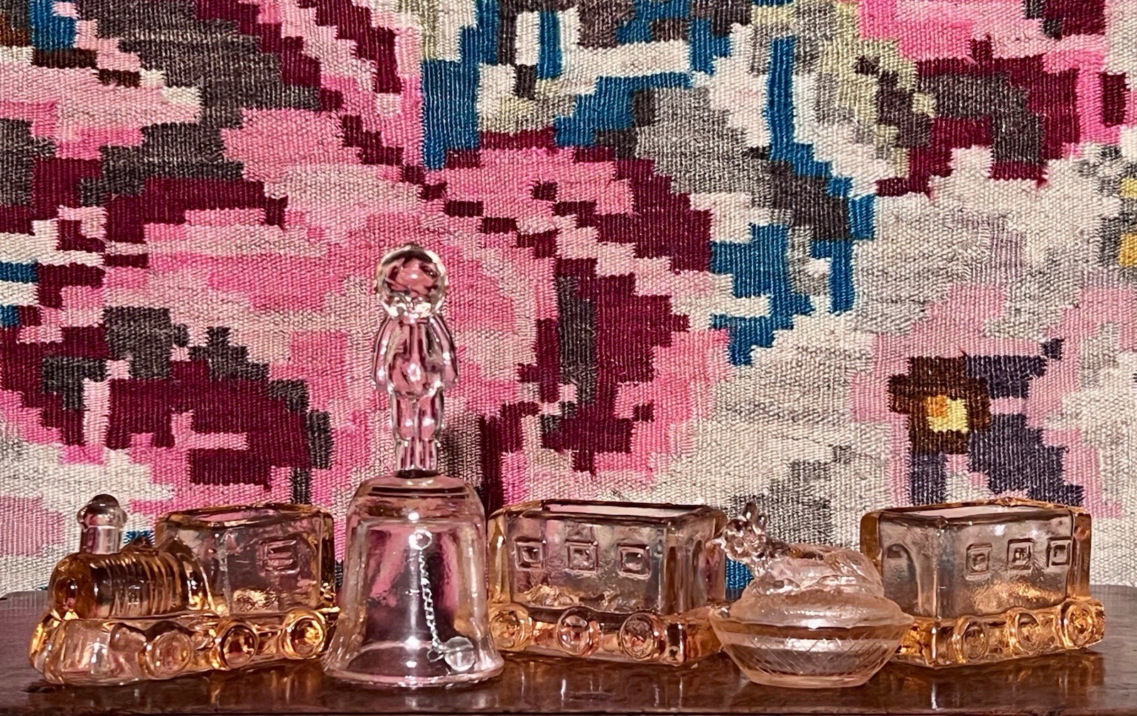 Vintage Pink Art Glass Train Set, Louise Doll Bell, Lamb Dish: 1980s Collection