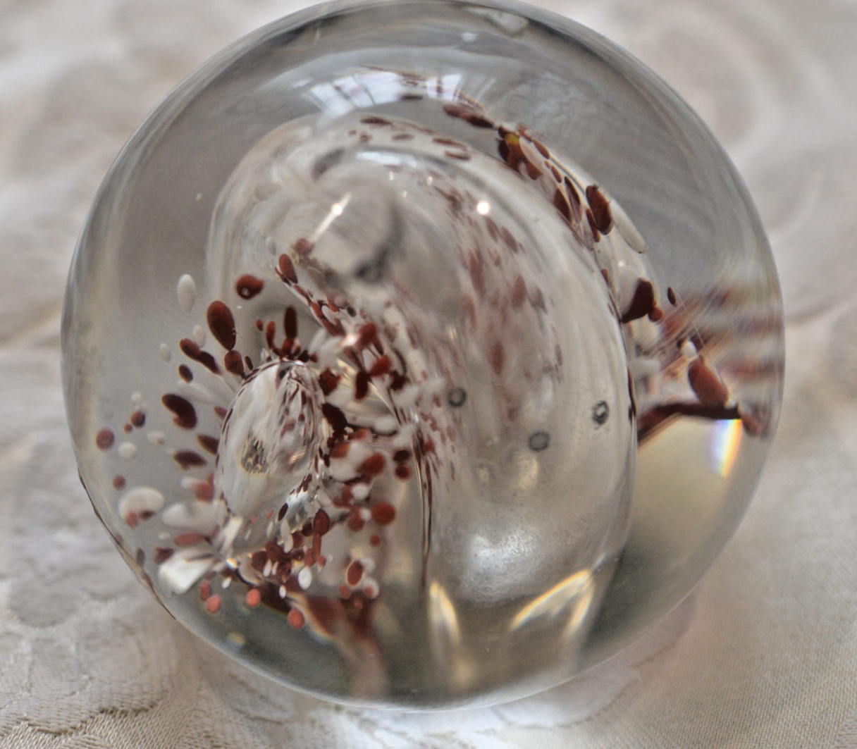 Art Glass, CLEAR WITH RED AND WHITE Paperweight – Signed Poland 3 x 3 X 3