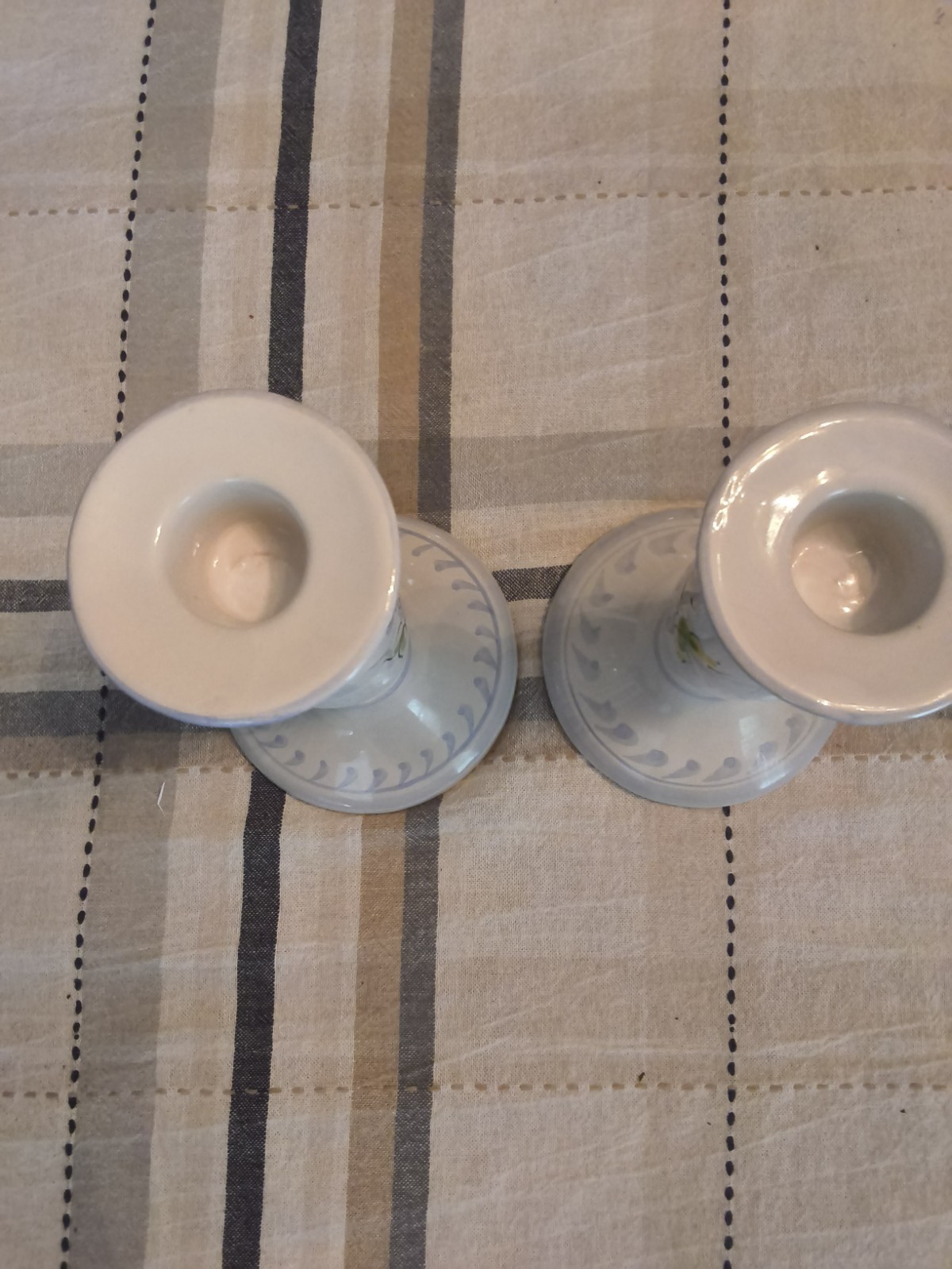 Portugal Hand-Painted Floral Ceramic Candlesticks Pair White/Green 7.5in