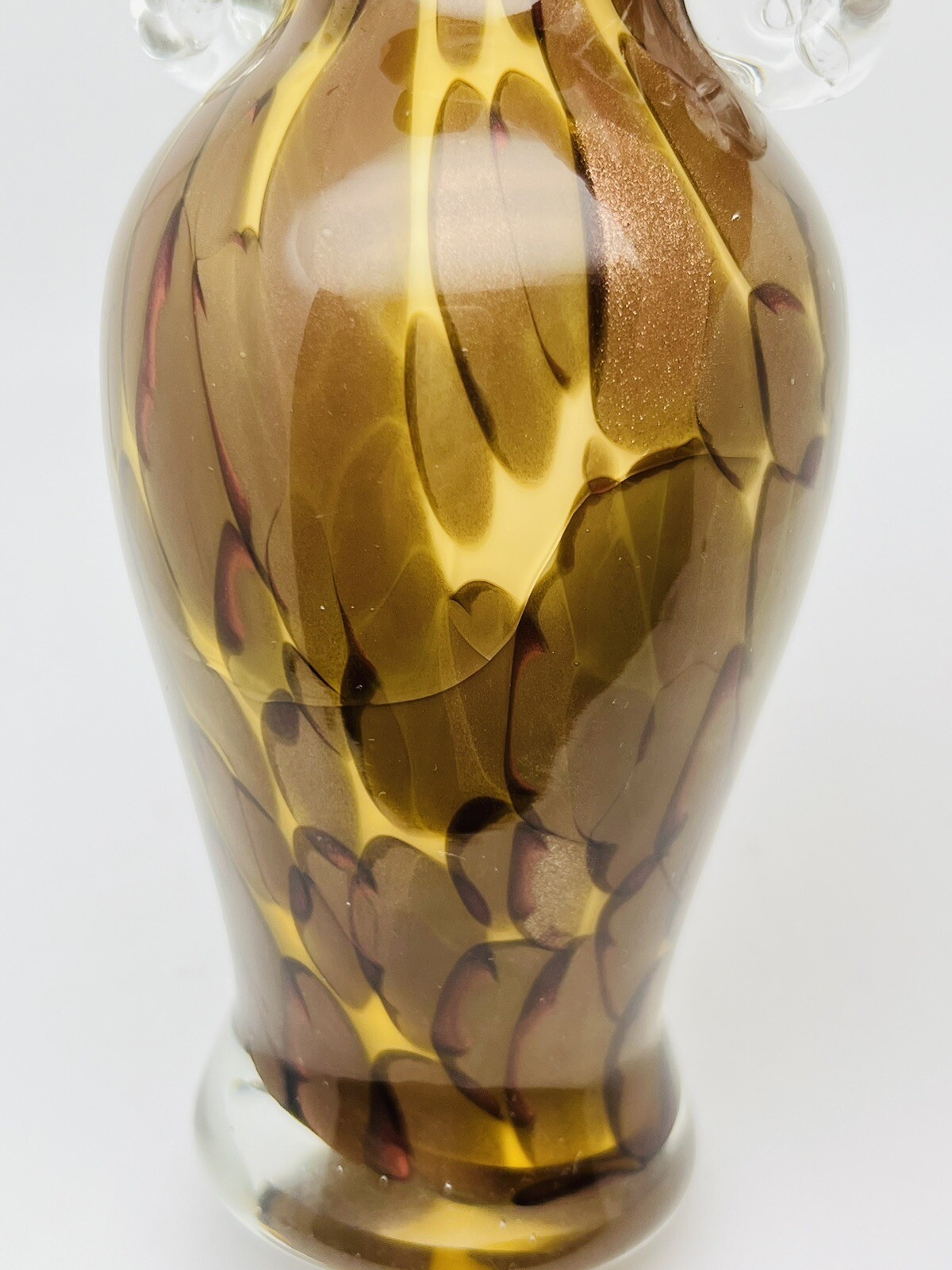 Burton+Burton Hand Blown Splatter Glass Vase Applied Clear Handles Copper Accent