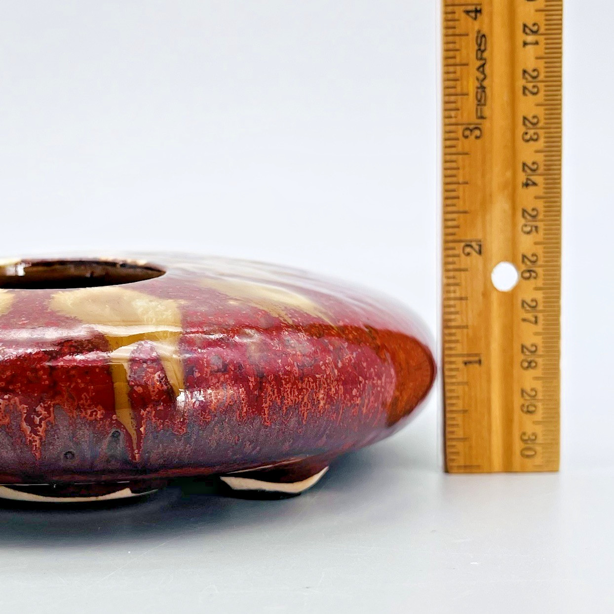 Ikebana Ceramic Red Gold Warm Tone Glazed Oval 9″ Floral Flower Frog Vase MCM