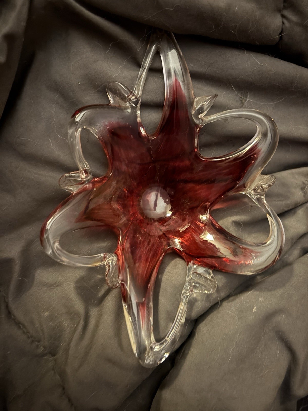 Hand Blown Art Glass Ashtray Clear & Red Star Shape Decorative Glossy