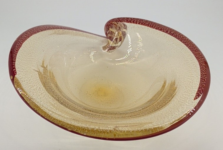 Murano Fratelli Toso Hand Blown Bowl Curled Stem Red Gold Italy Vintage Rare
