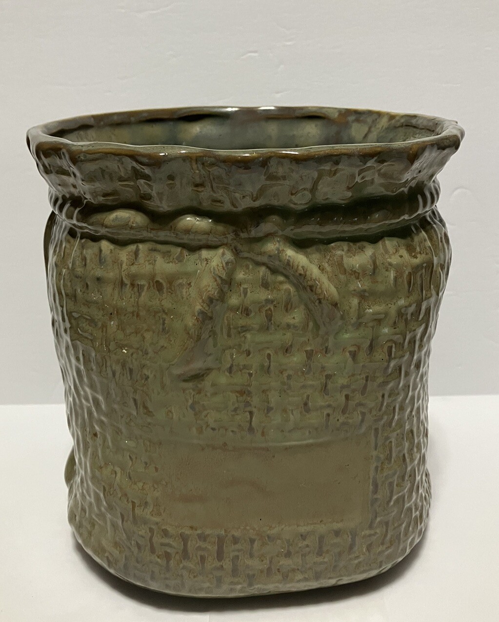 Vintage McCoy Glazed Pottery Green Burlap Sack Planter / Vase #1629 6.75 Inches