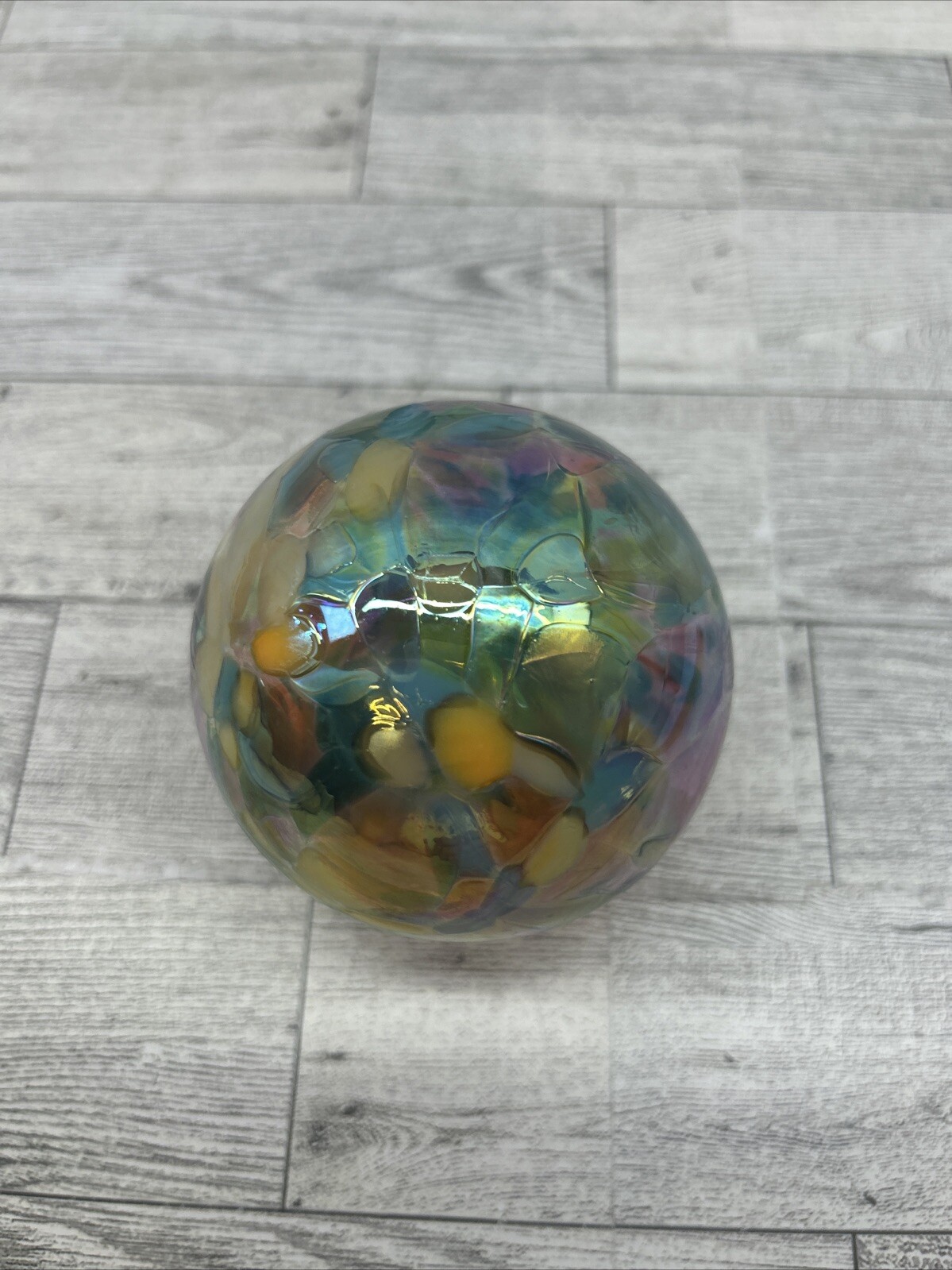 Hand Blown Art Glass Gazing Ball Blue Orange Iridescent 3.5″Ornament Sun Catcher
