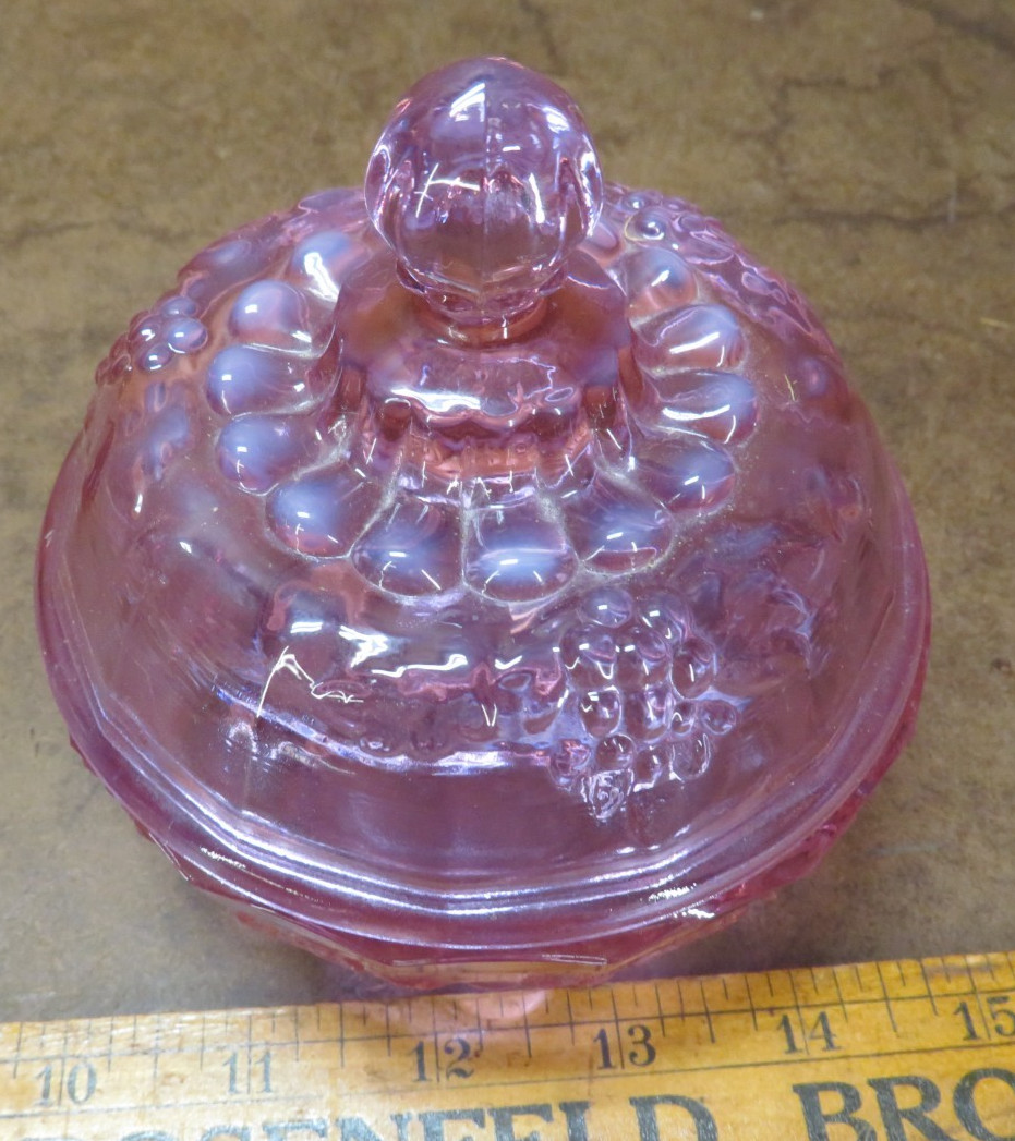 Fenton Hobnail Glass Pink Opalescent Vaseline Grape & Vine Lidded Dish 1990s Era
