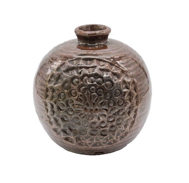 Japanese Weed Vase Pottery Mid Century Modern Brown Textured Small With Label