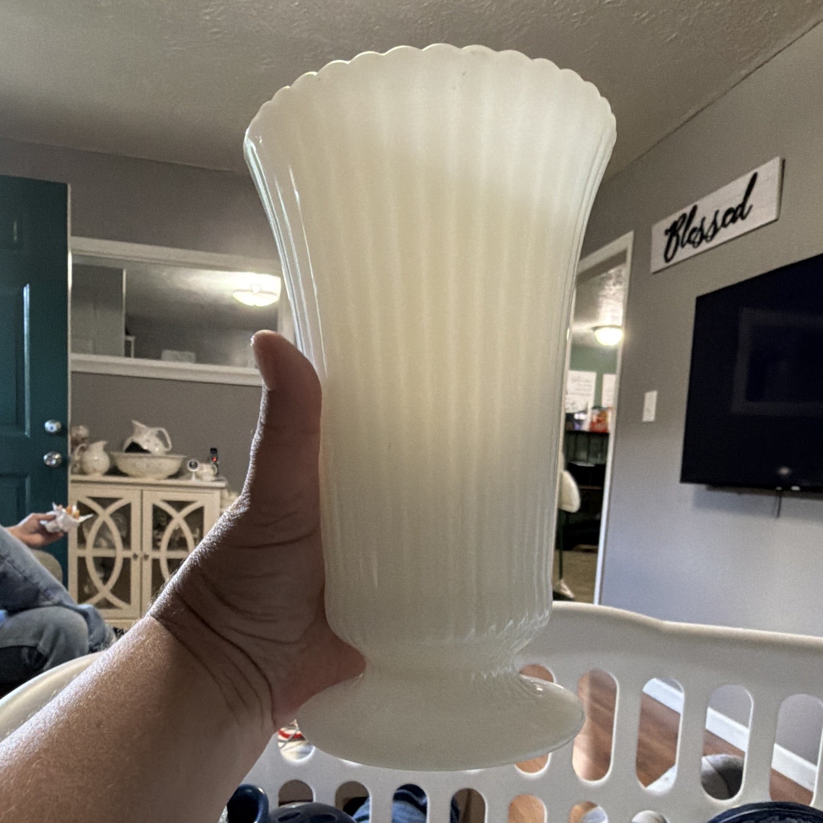 White Milk Glass Ribbed Fluted Decorative Vase Abstract Design