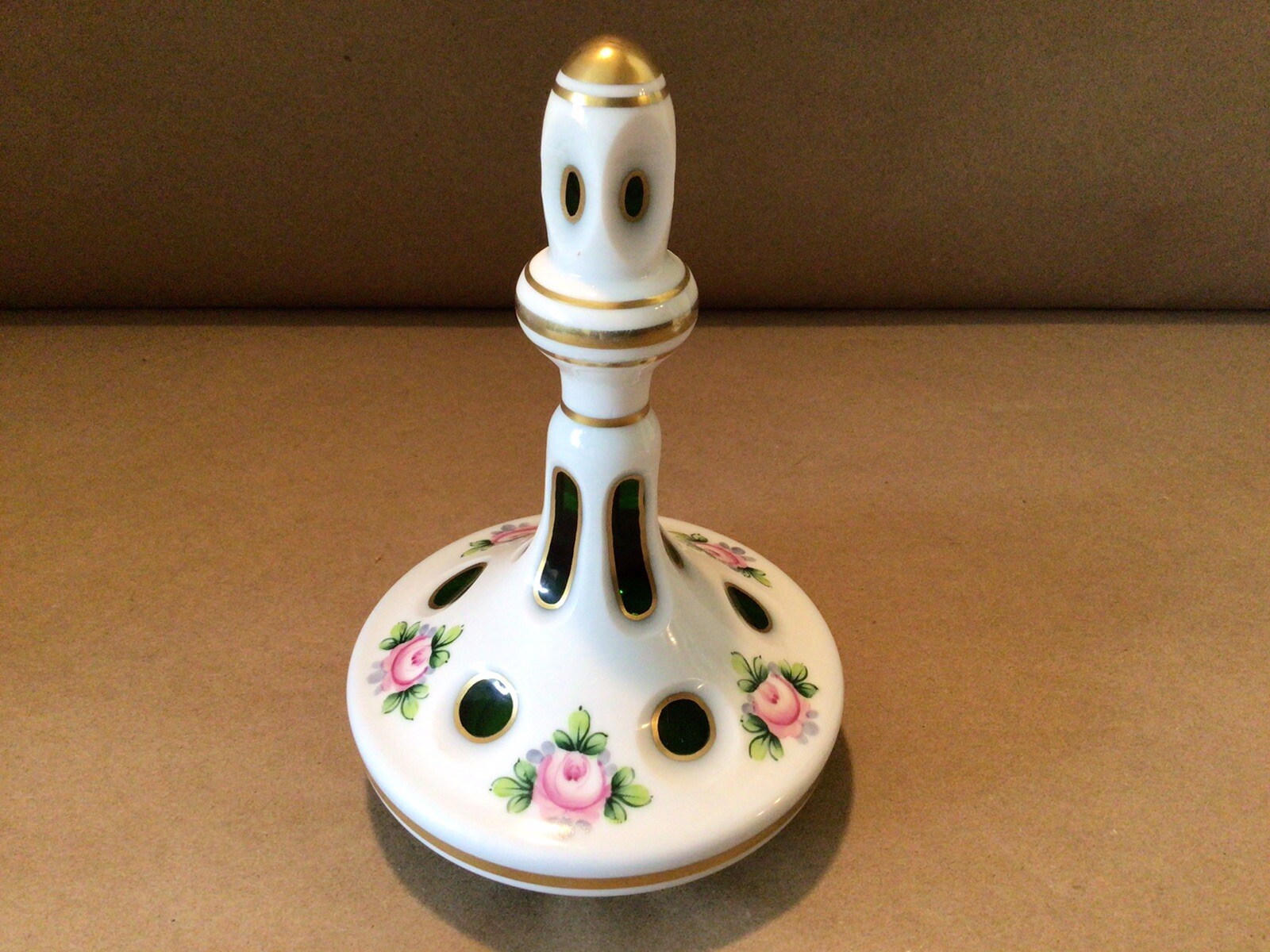 BOHEMIAN MOSER ART GLASS WHITE CASED CUT TO GREEN 15.5” COVERED FLORAL URN VASE