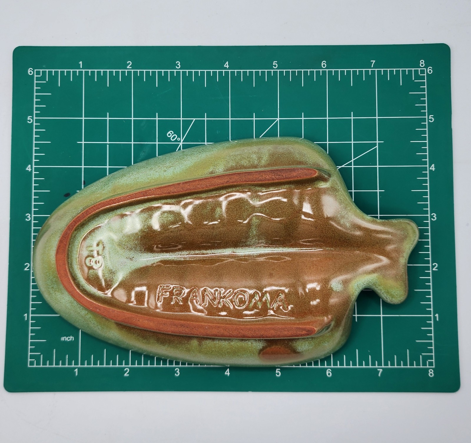 Mid-Century Frankoma T8 Fish Green Brown Pottery Ashtray 7 Inches Small Chip
