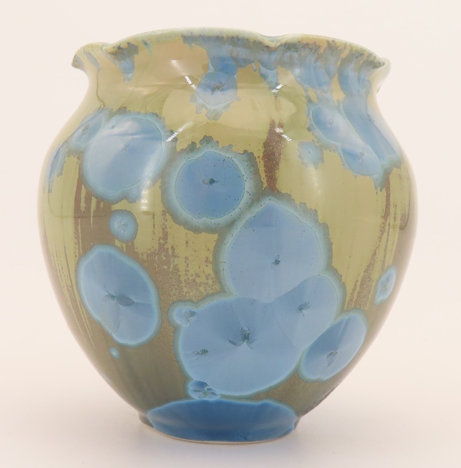 Crystalline Glaze Mini Pottery Vase Jar Blue Crystals Artist Signed 3.25″ High