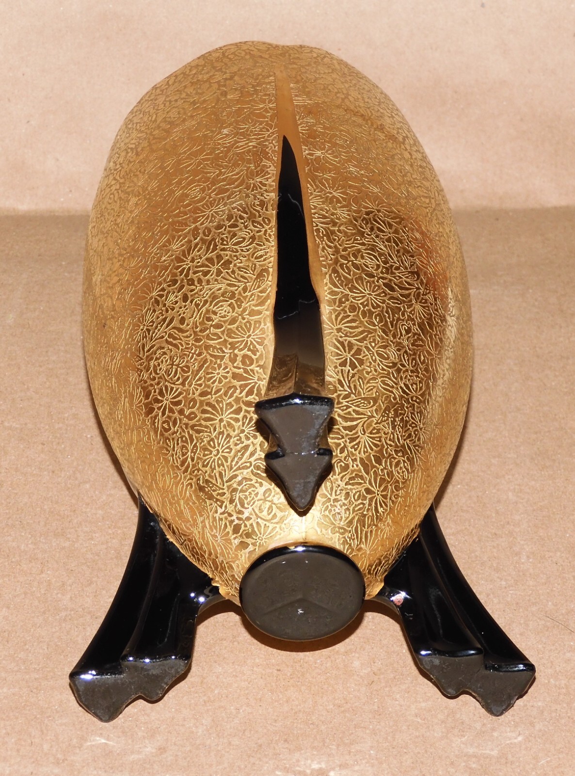New Martinsville 8.5” Atomic ROCKET VASE Black Glass Gold Brocade Surface 3 feet