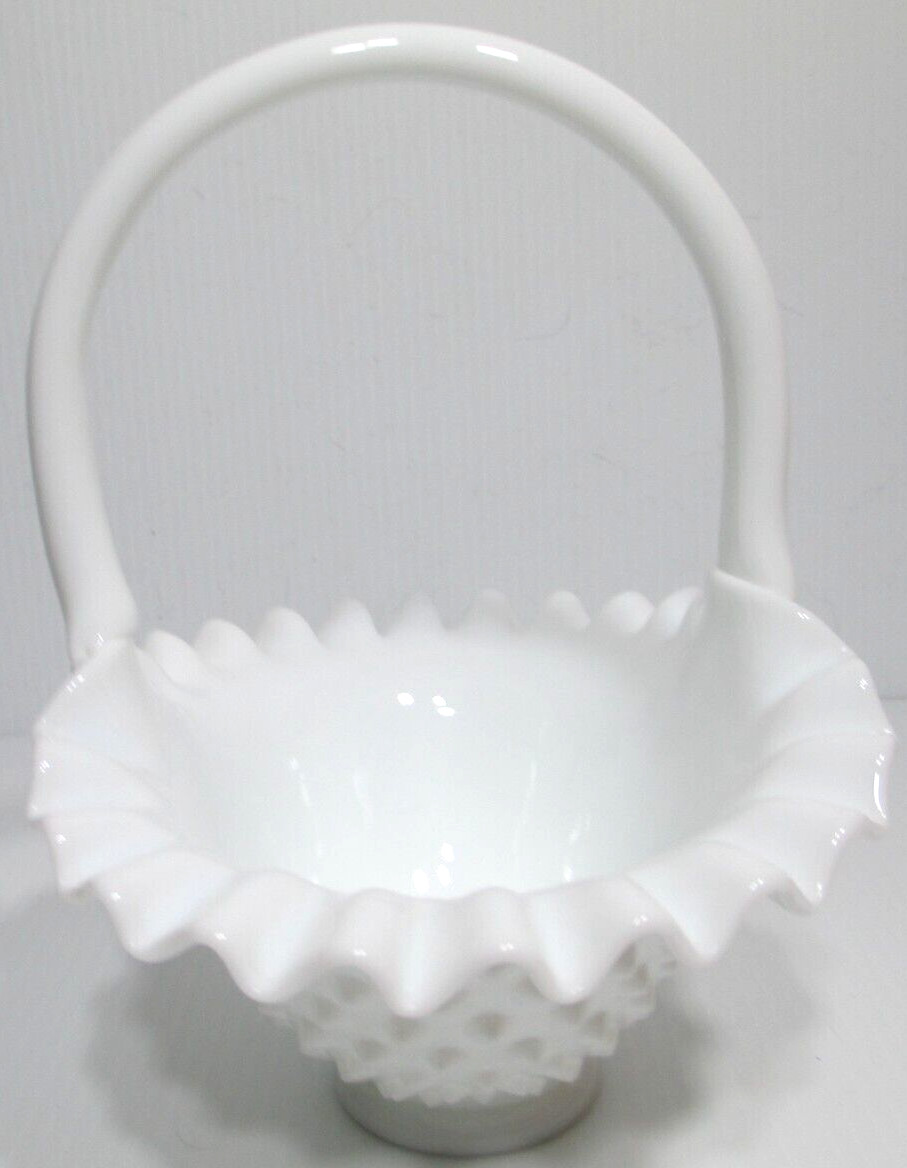 Vintage Fenton Glass Basket White Milk Glass Hobnail 7 7/8″ Tall #2