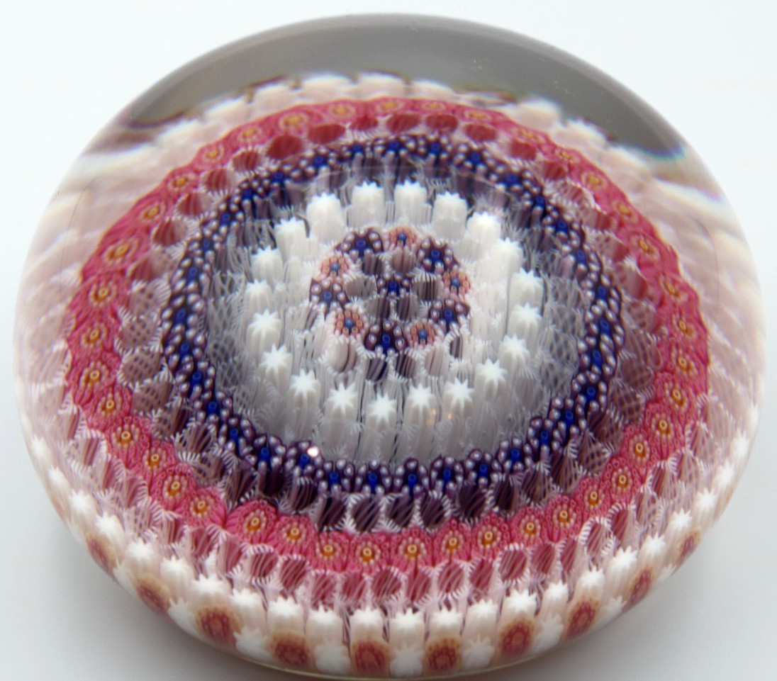Large 3.3″ BACCARAT Concentric TEN Ring Millefiori Art Glass Crystal Paperweight