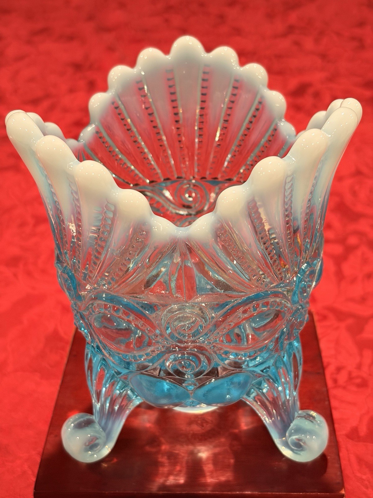 Vintage Mosser Blue Opalescent Eyewinker Spooner Glass Vase Ex Con Signed 6”