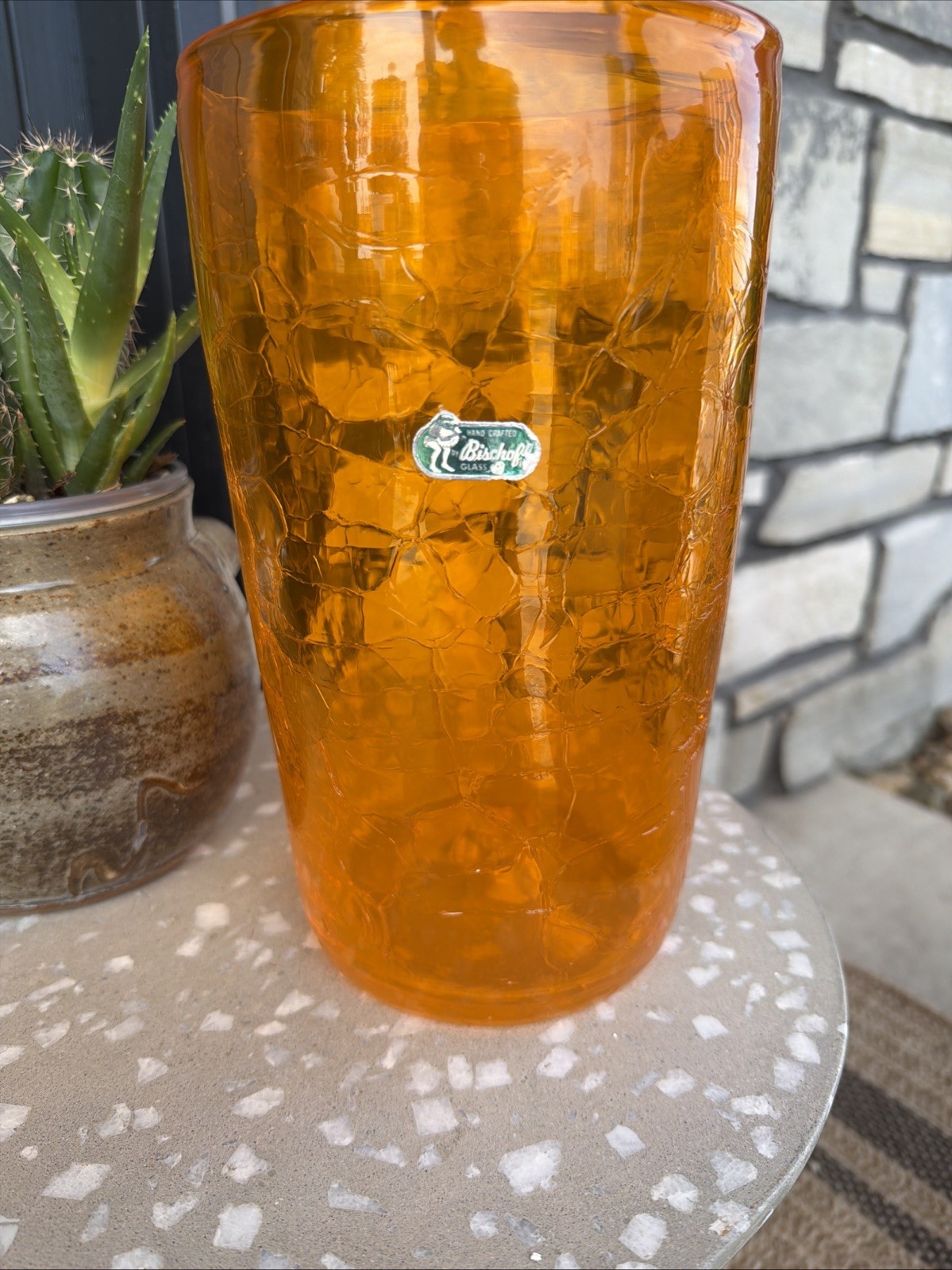 MCM Bischoff Tangerine Crackle Glass 10″ Tall Vase Original Green Elf Label