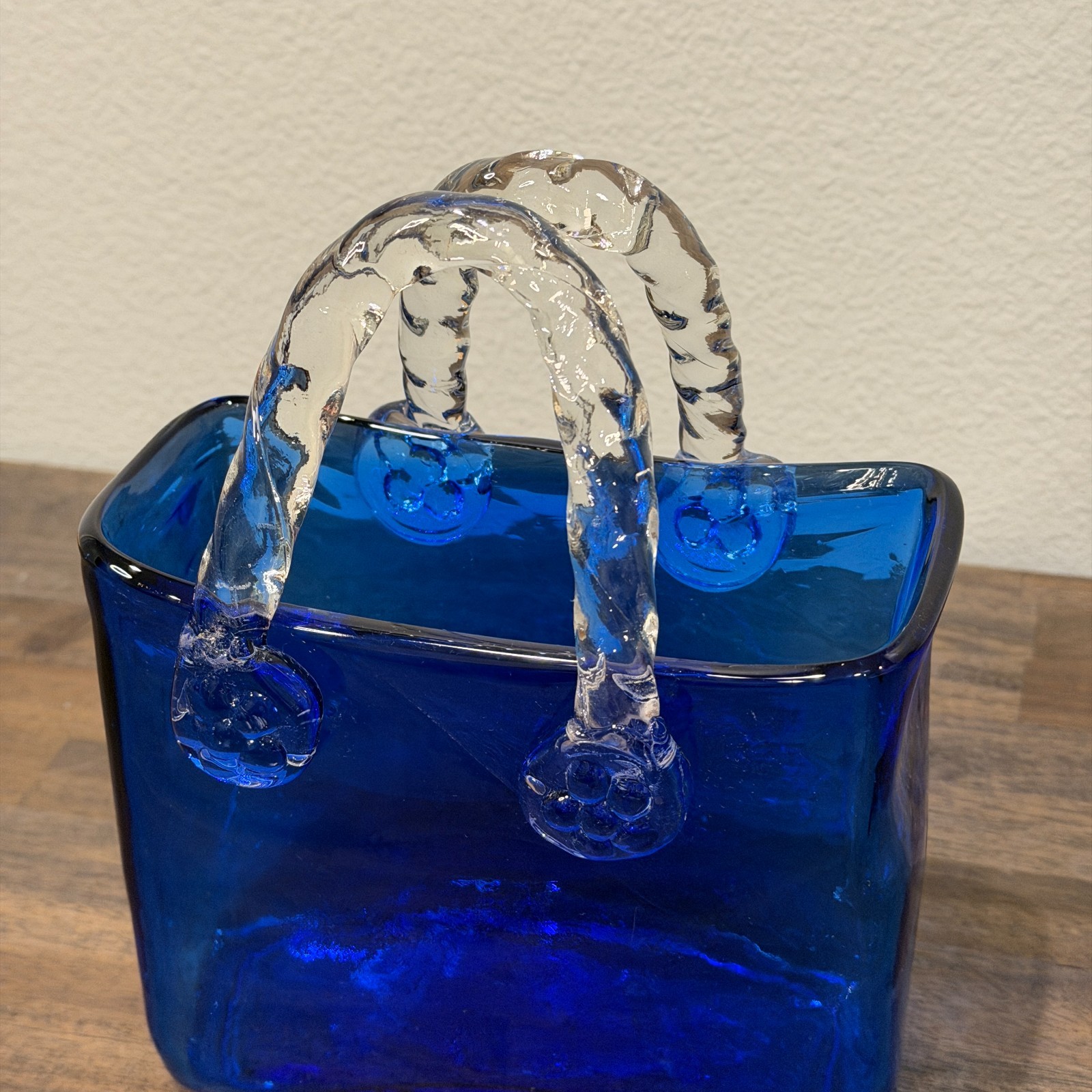 Vintage Cobalt Blue Blown Glass Purse Handbag Bag Vase, Clear Swirl Handles