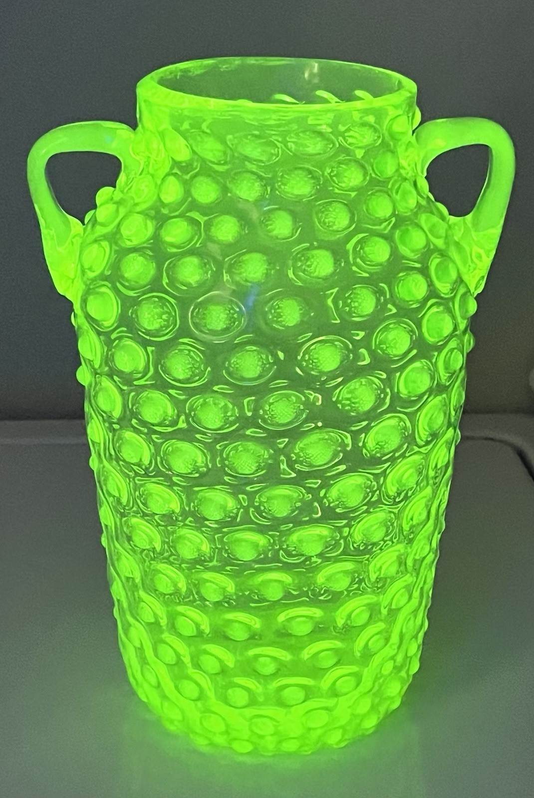 1880’s Vaseline Uranium Art Glass Two Handled Thousand Eye 10 1/2” X 6 1/4” Vase