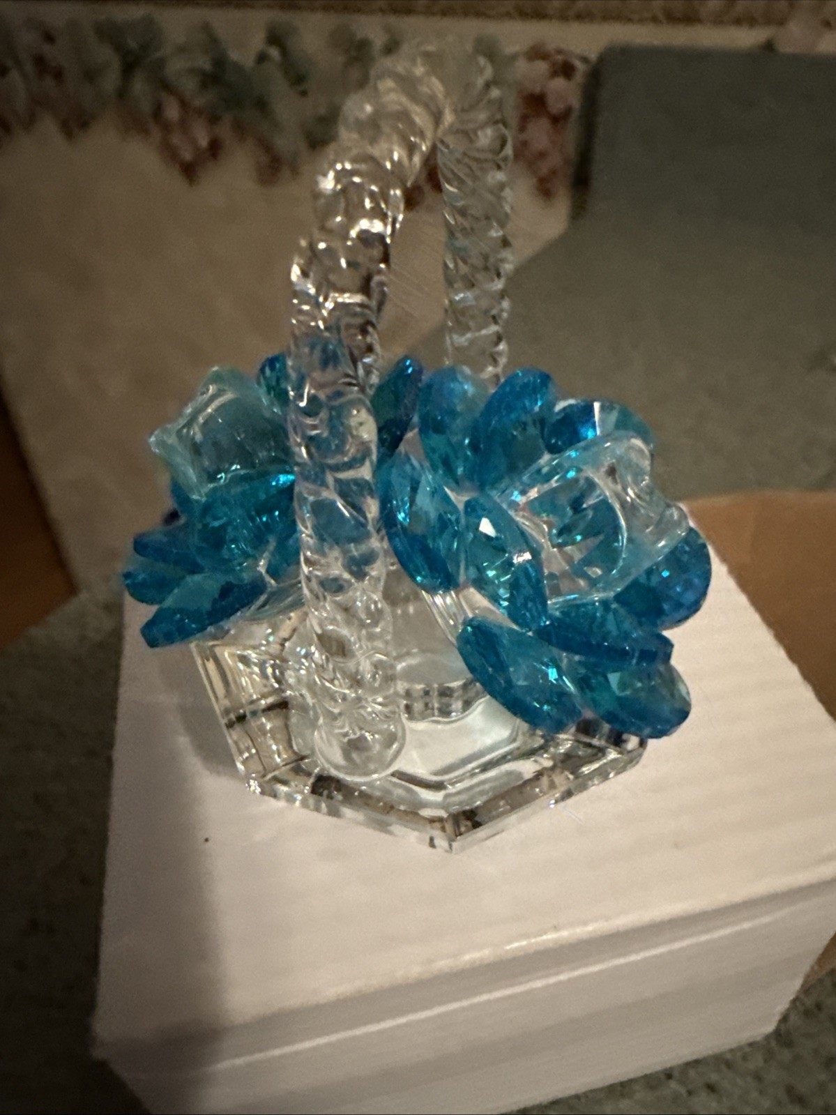 Two Floral Turquoise Roses In A Weaved Basket Handle Glass Figurine