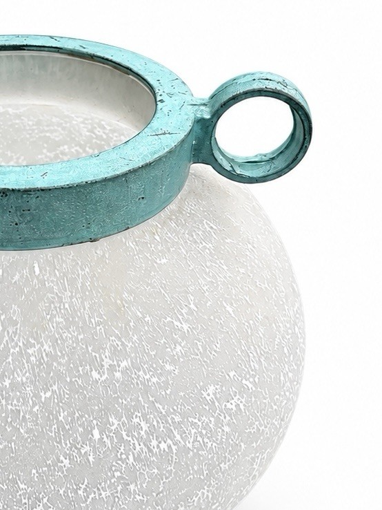 MCM Silvestri Scavo Art Glass Vase 8″ Frosted White Murano Style Verdigris Ring