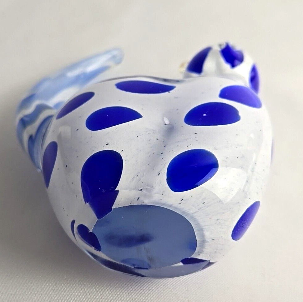 Hand Blown Art Glass White Cat Blue Spots Paperweight Figurine Heavy Glass