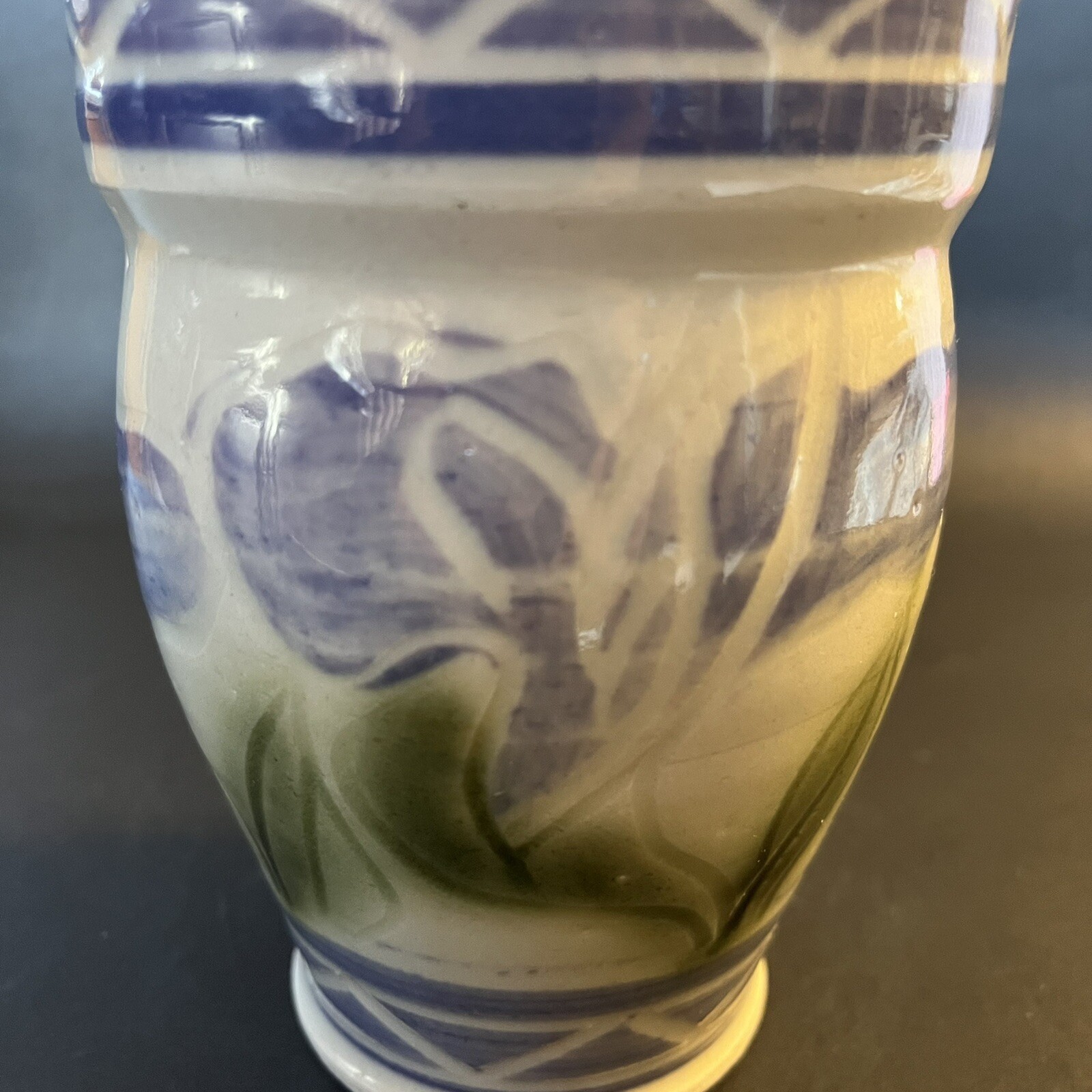 Studio Art Pottery VASE Carved Stoneware Cream Purple Green 5.75″H Artist Mark