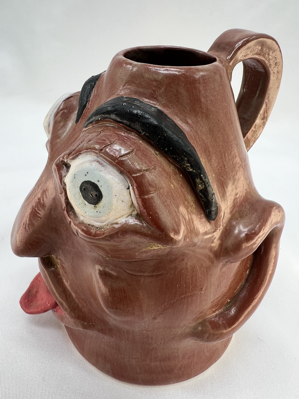 Vintage Face Head Jug Vase Mug Folk Pottery Devil Tongue Lips Teeth Eyes OOAK
